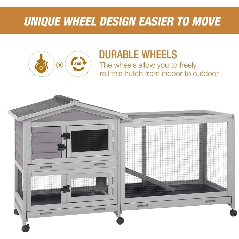 Indoor and Outdoor Rabbit Hutch with Casters, Waterproof Roof, Pull Out Tray from Back and Front