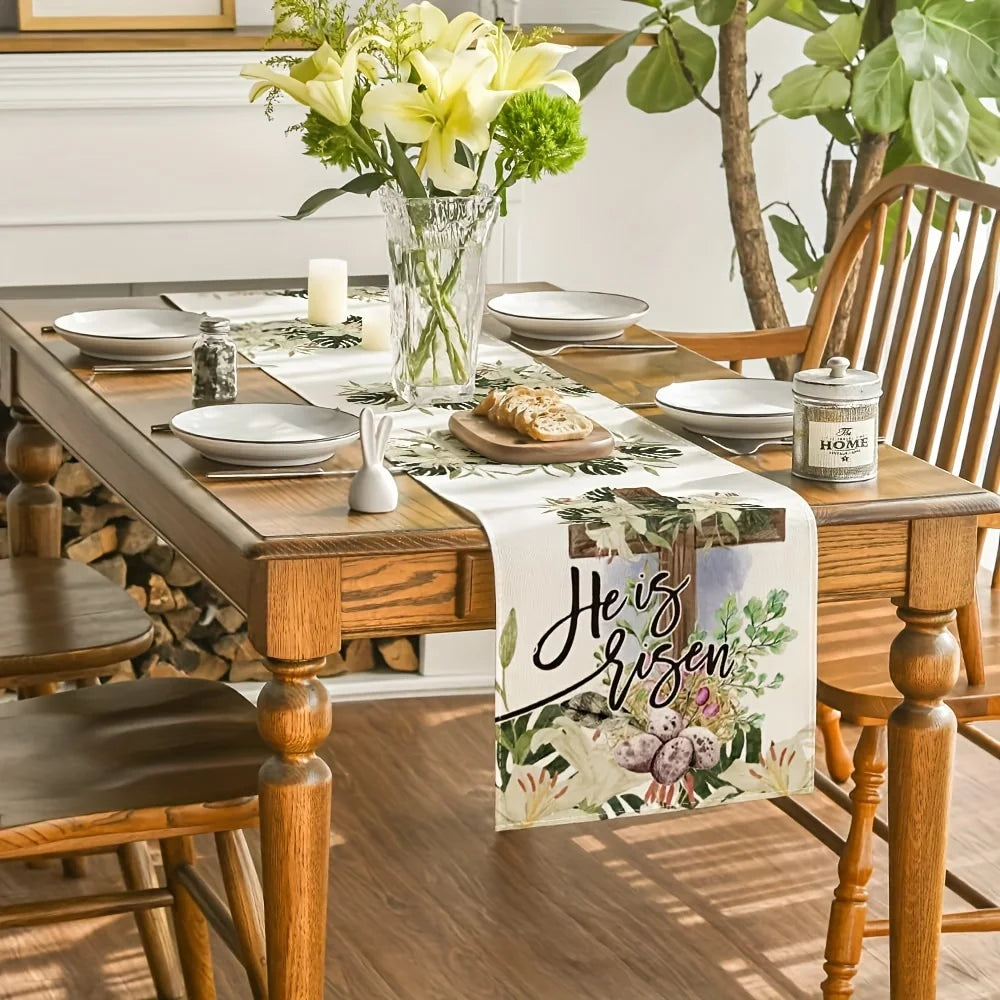 He Is Risen Egg Lily Happy Easter Linen Table Runner