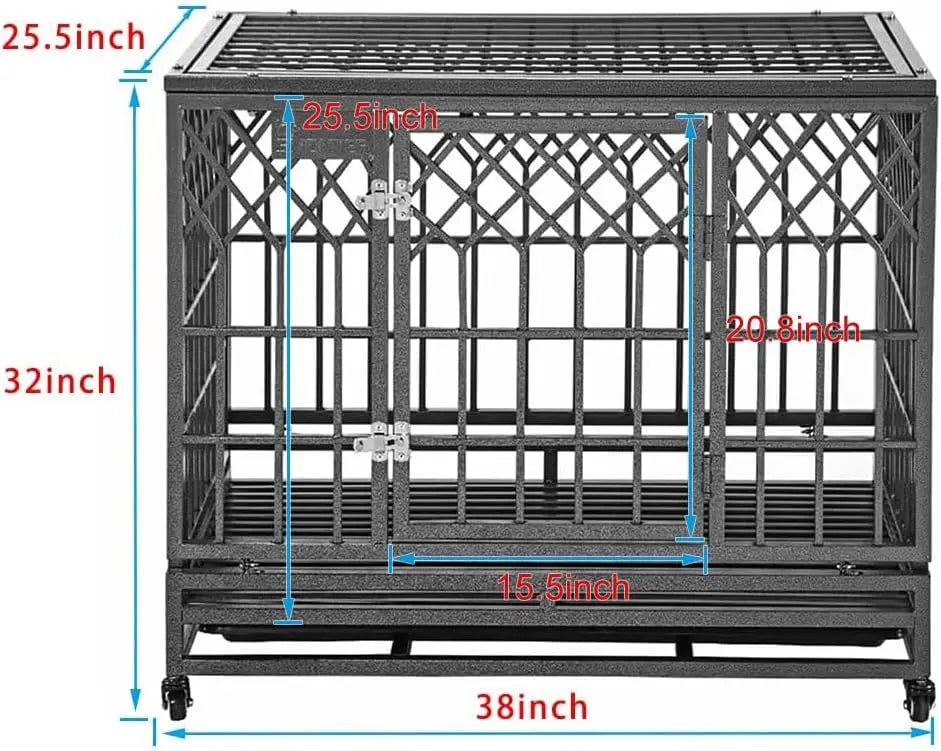 Heavy Duty Dog Cage for Large Dogs with Three Doors, Four Wheels,38 Inch