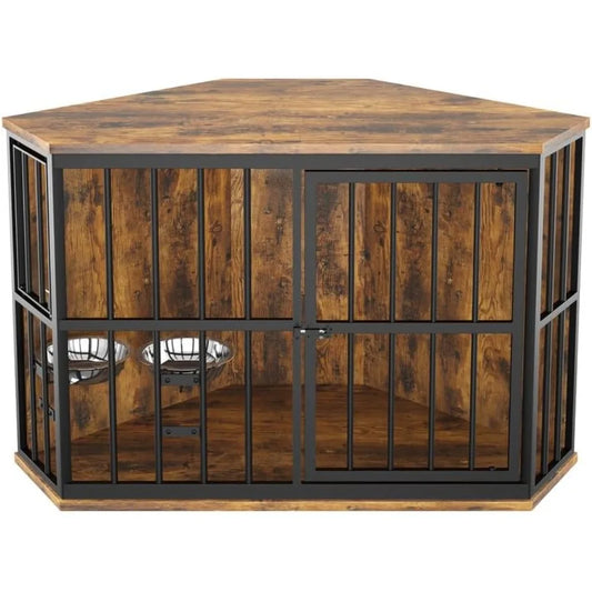 42 inch Furniture Dog Kennel Corner Wooden End Table with Bowl