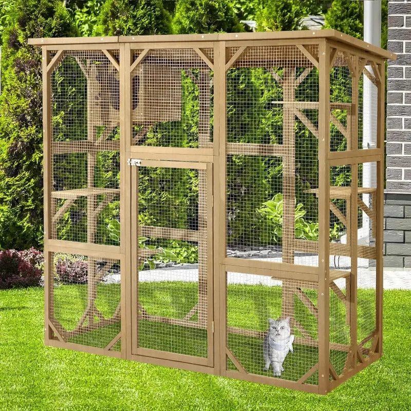 Large Fir Wooden Outdoor Indoor Catio Cat Enclosure with Weather Protection Roof with Cattery and 5 Platforms