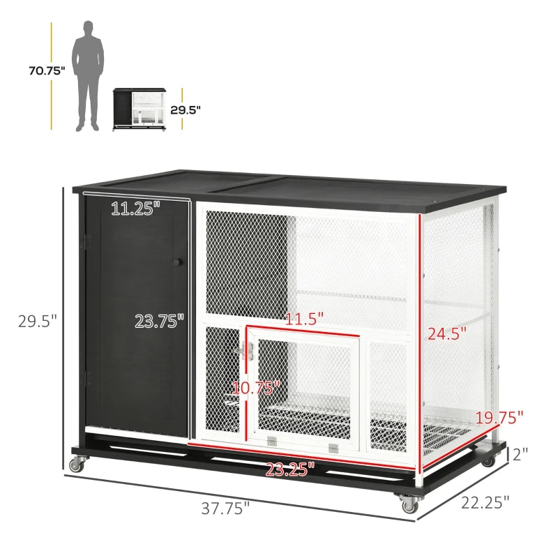 Indoor Rabbit Hutch Furniture with Wheels, Side Table with Removable Tray, 38" L x 22" x 29.5",