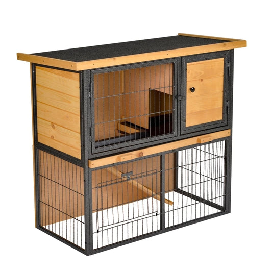 Wood Elevated Bunny Cage Small with Slide-out Tray Asphalt Roof ,Lockable Door