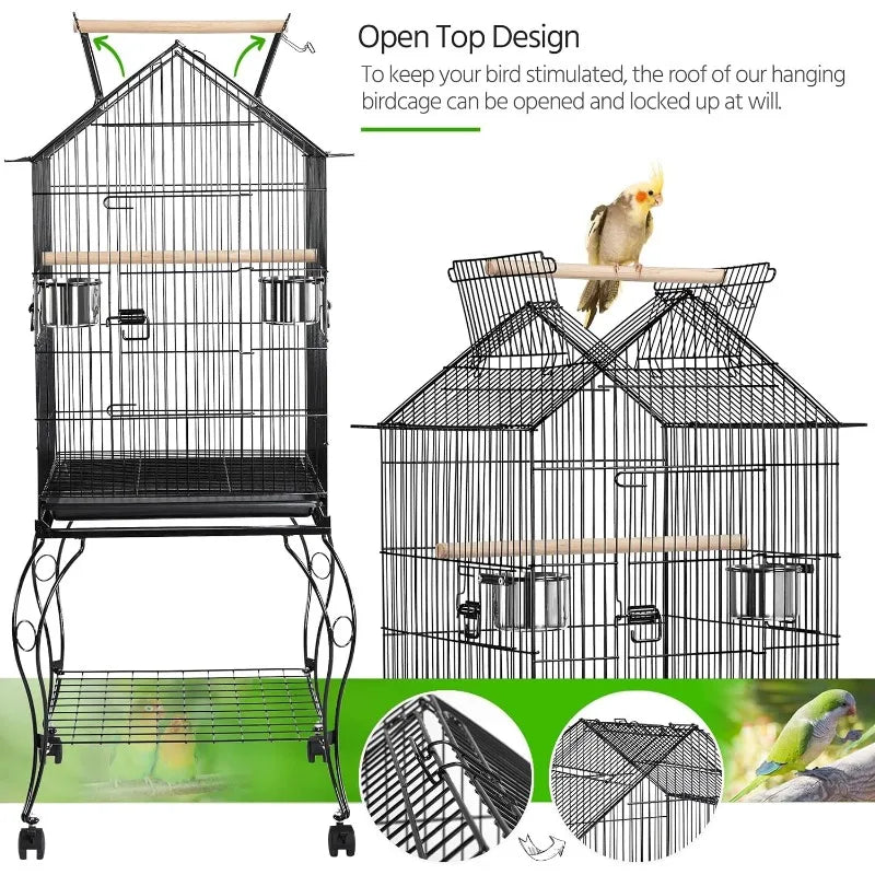 57-Inch Rolling Open Top Roof Bird Cage for Mid-Sized Parrots and Cockatiels