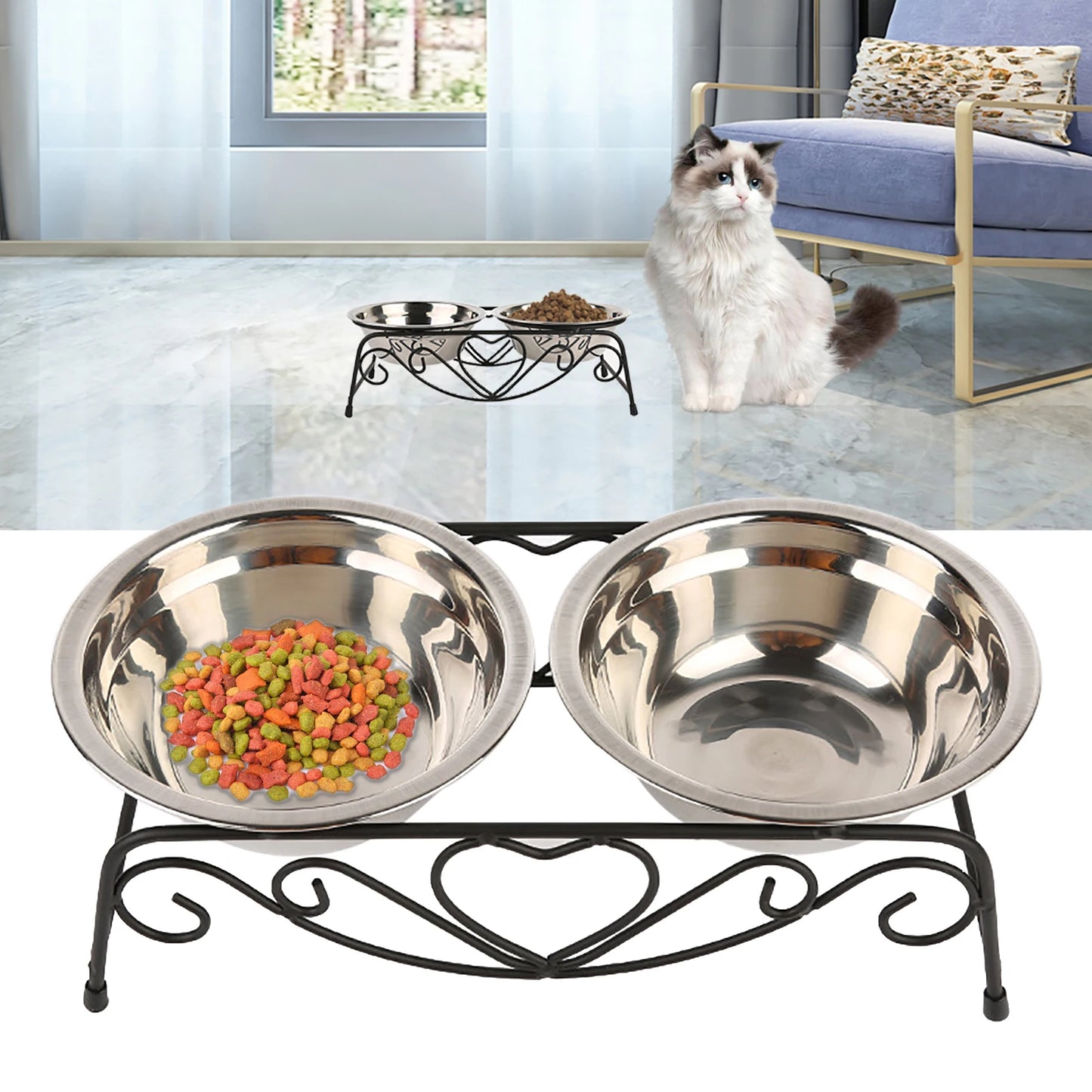 Stainless Steel Cat Bowl Feeding And Water 2-Bowl Feeding Station Non-Slip