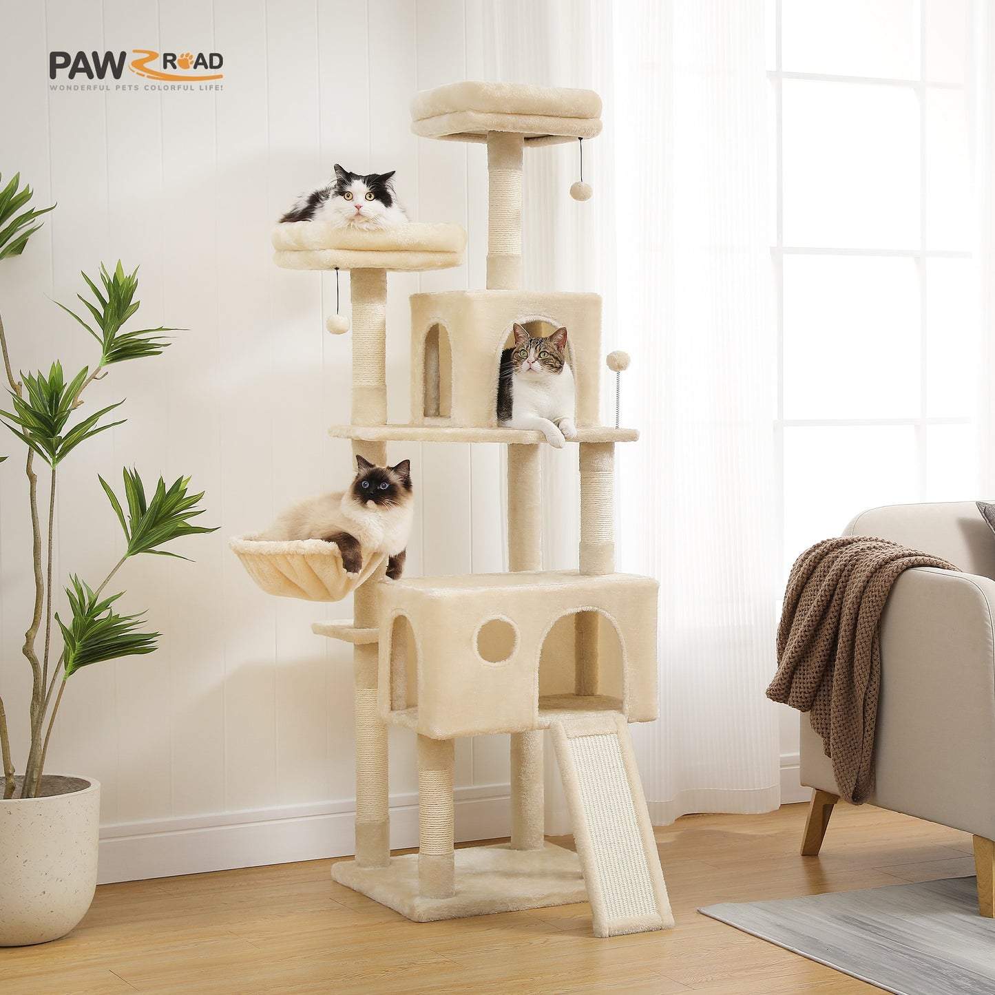 Tree With Cozy Perches Stable Cat Climbing Frame Cat Scratch Board Toys Gray&Beige