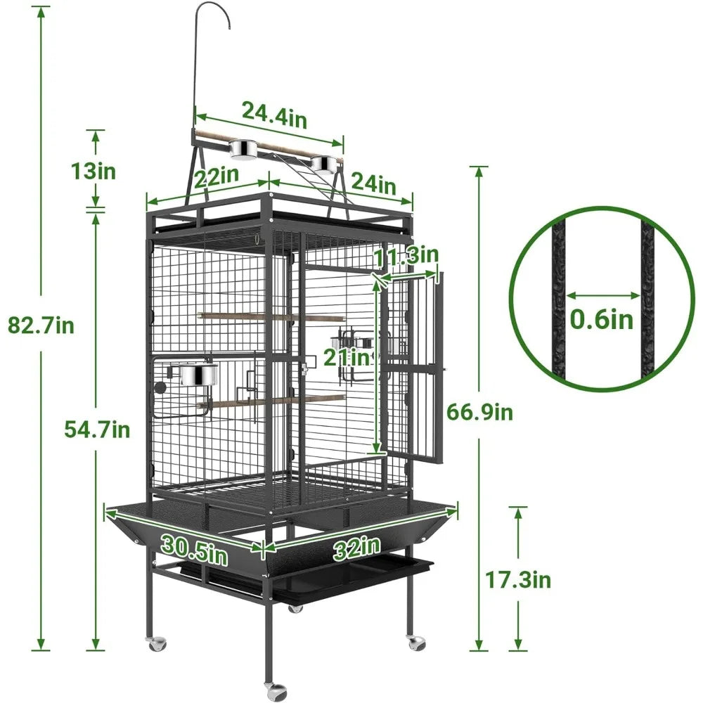 82 Inch Bird Flight Cage With Rolling Stand & Bottom Tray