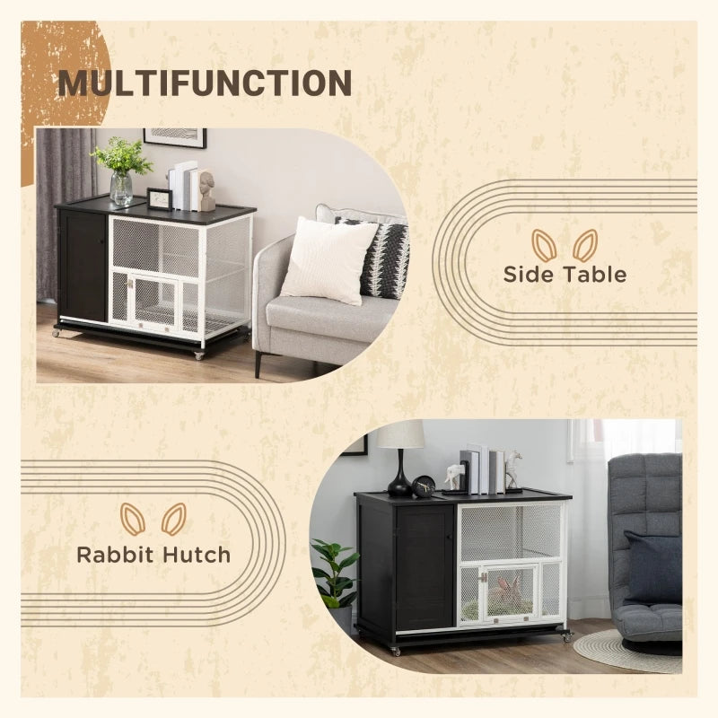 Indoor Rabbit Hutch Furniture with Wheels, Side Table with Removable Tray, 38" L x 22" x 29.5",