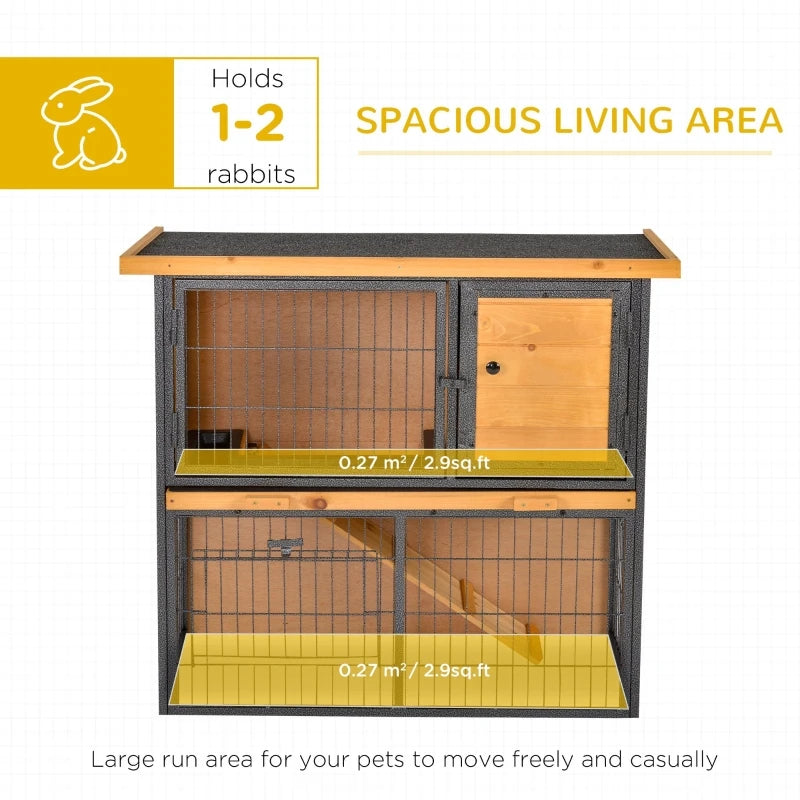 Wood Elevated Bunny Cage Small with Slide-out Tray Asphalt Roof ,Lockable Door