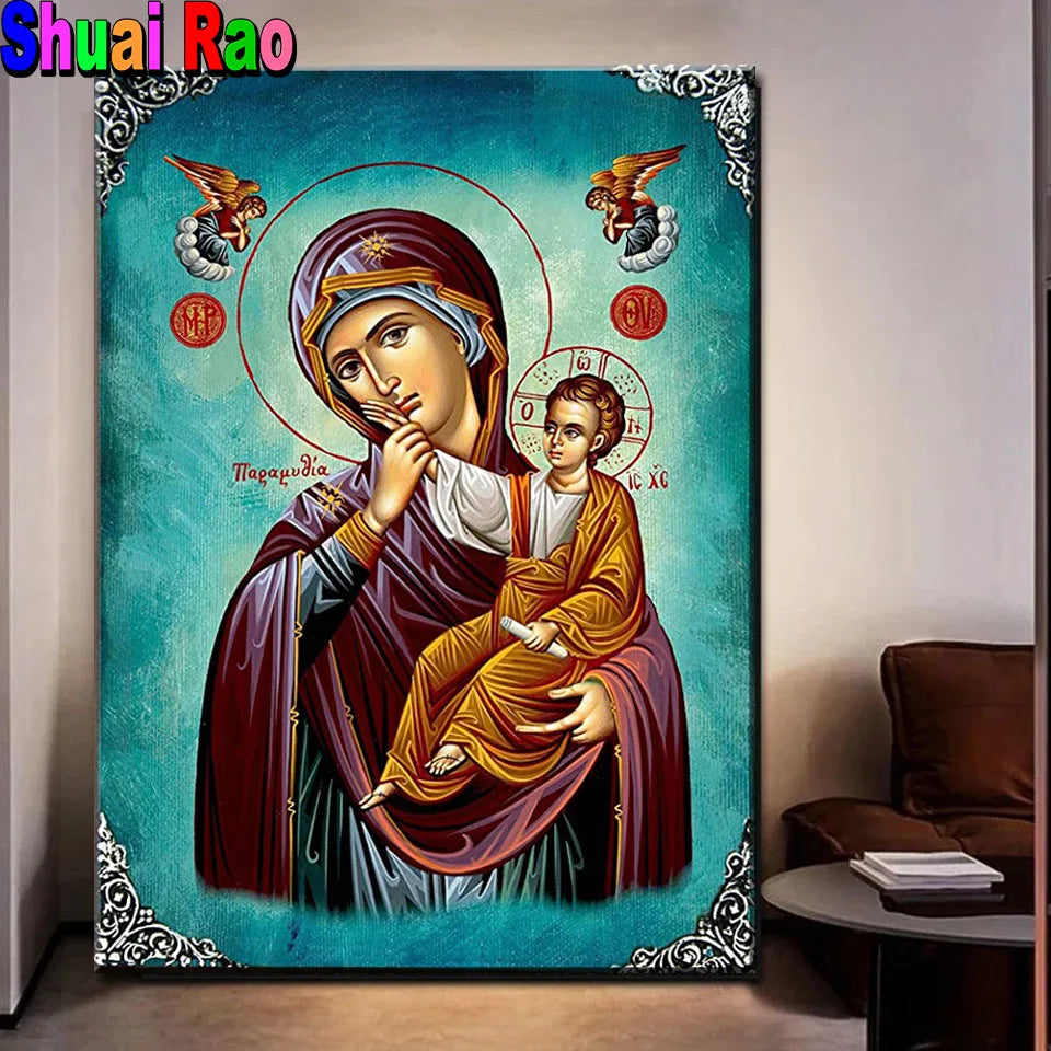 Virgin Mary Diamond Mosaic Greek Christian Orthodox Icon of Theotokos Mother of God Byzantine