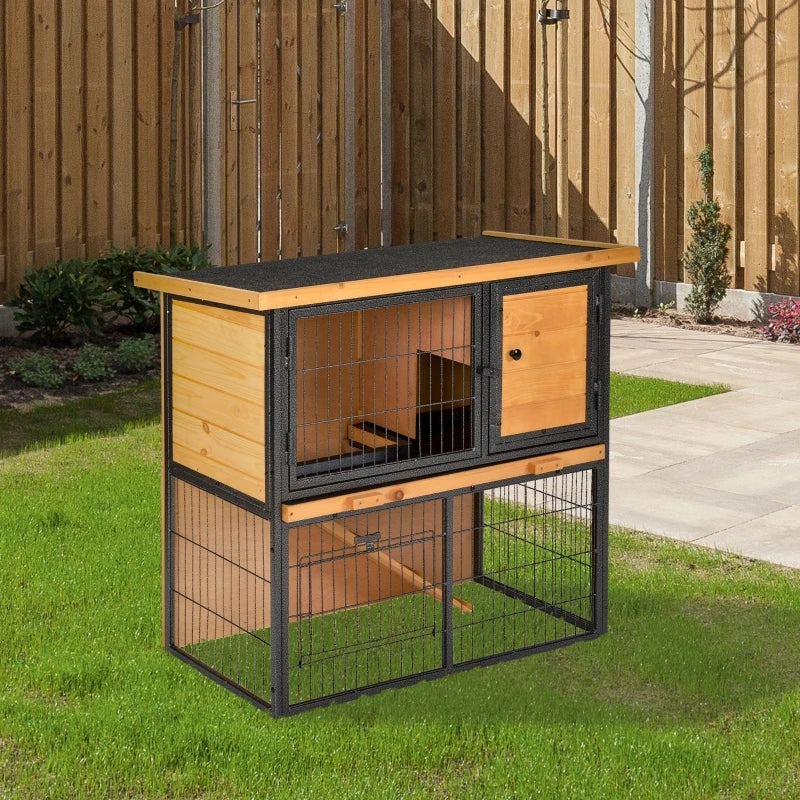 Wood Elevated Bunny Cage Small with Slide-out Tray Asphalt Roof ,Lockable Door