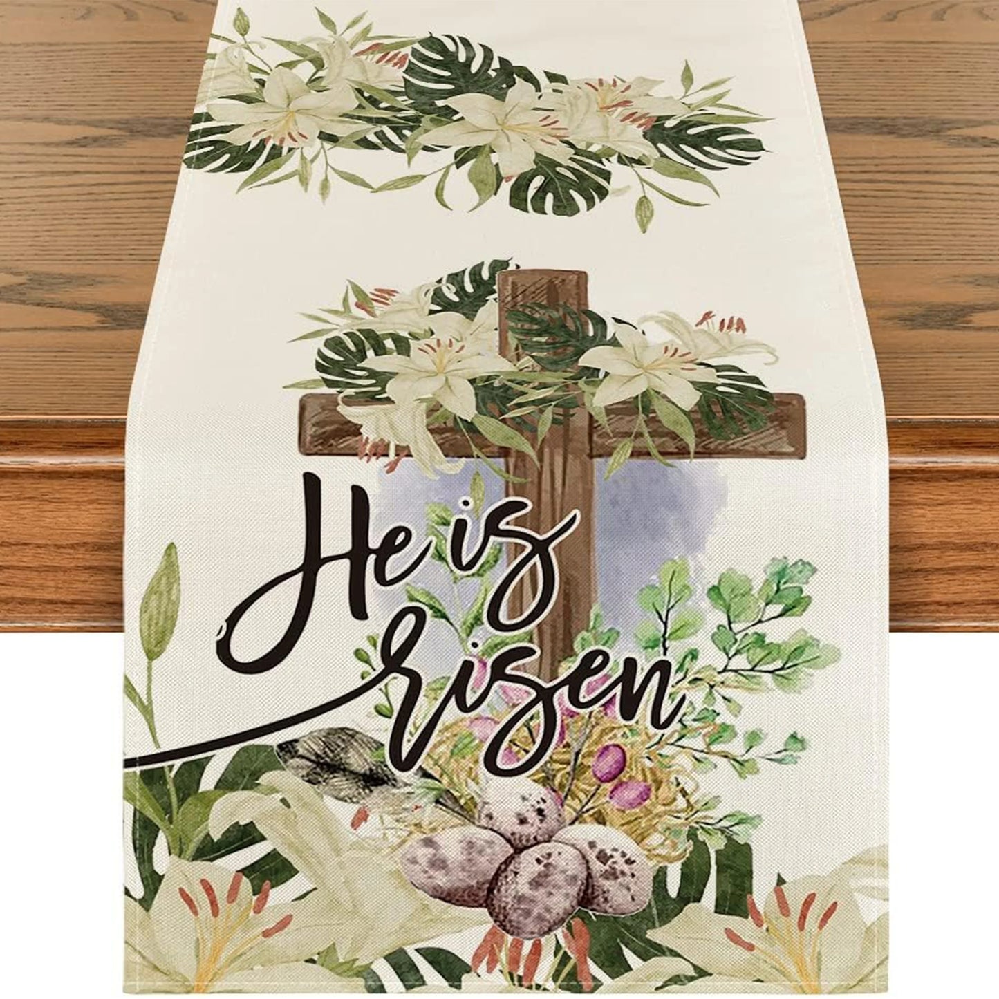 He Is Risen Egg Lily Happy Easter Linen Table Runner