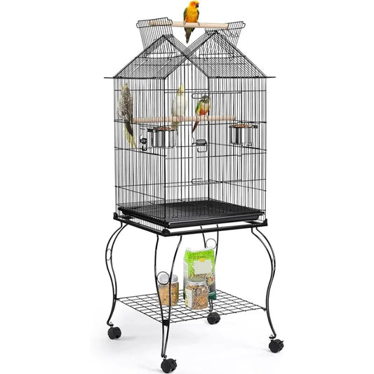 57-Inch Rolling Open Top Roof Bird Cage for Mid-Sized Parrots and Cockatiels