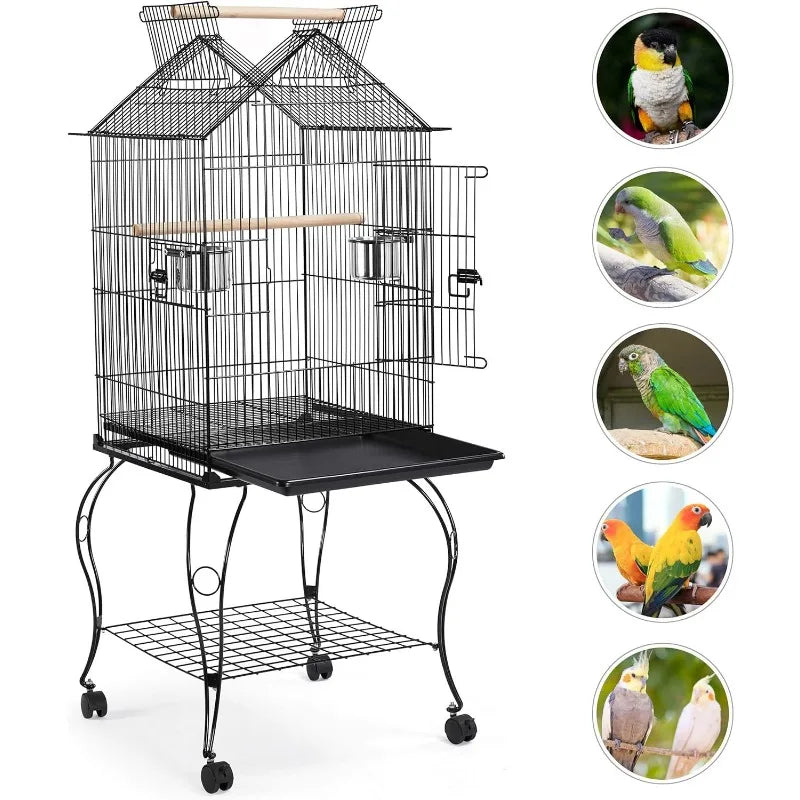 57-Inch Rolling Open Top Roof Bird Cage for Mid-Sized Parrots and Cockatiels