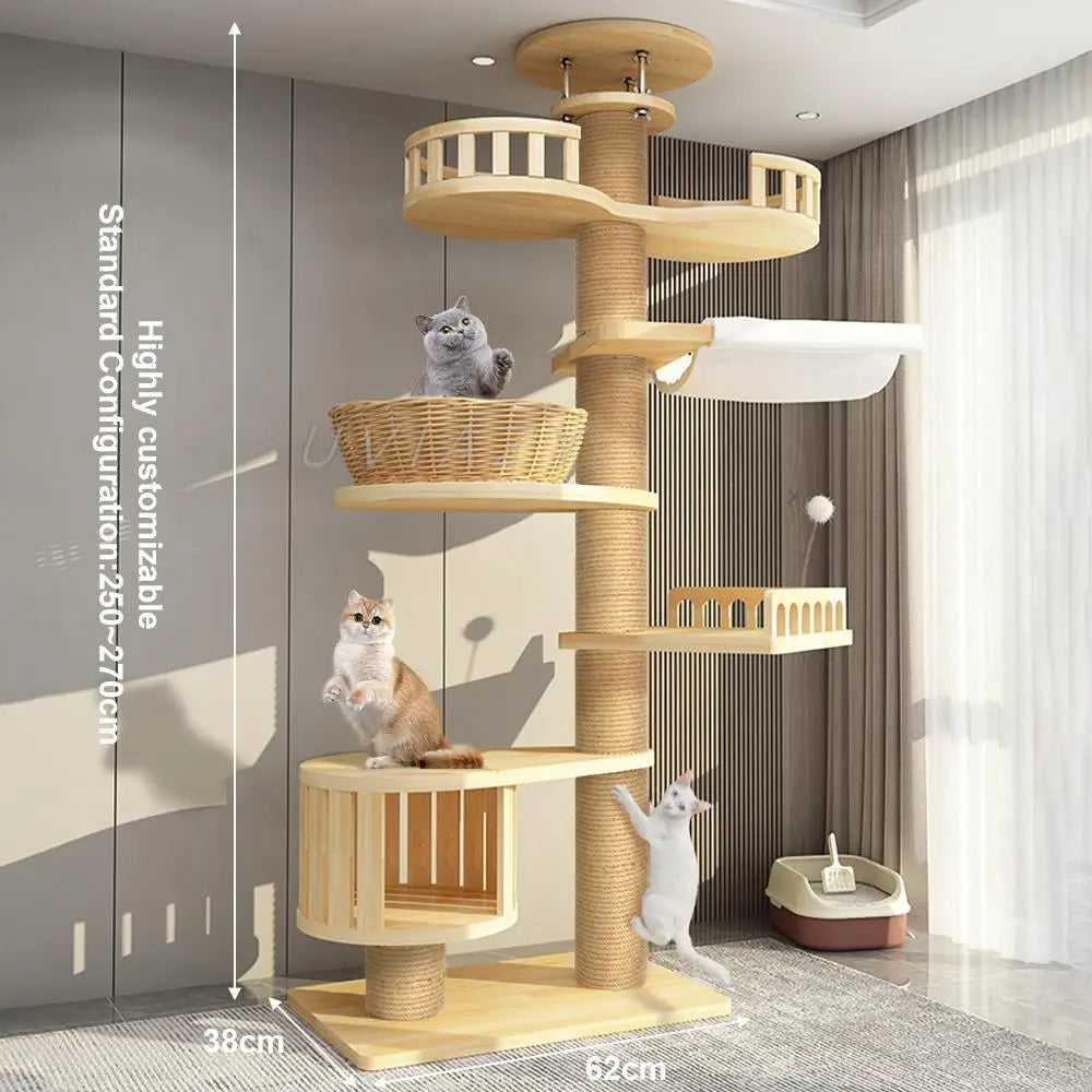 Multi-Level Ceiling Cat Tree Shelf  Wood Climbing Frame Scratching Post