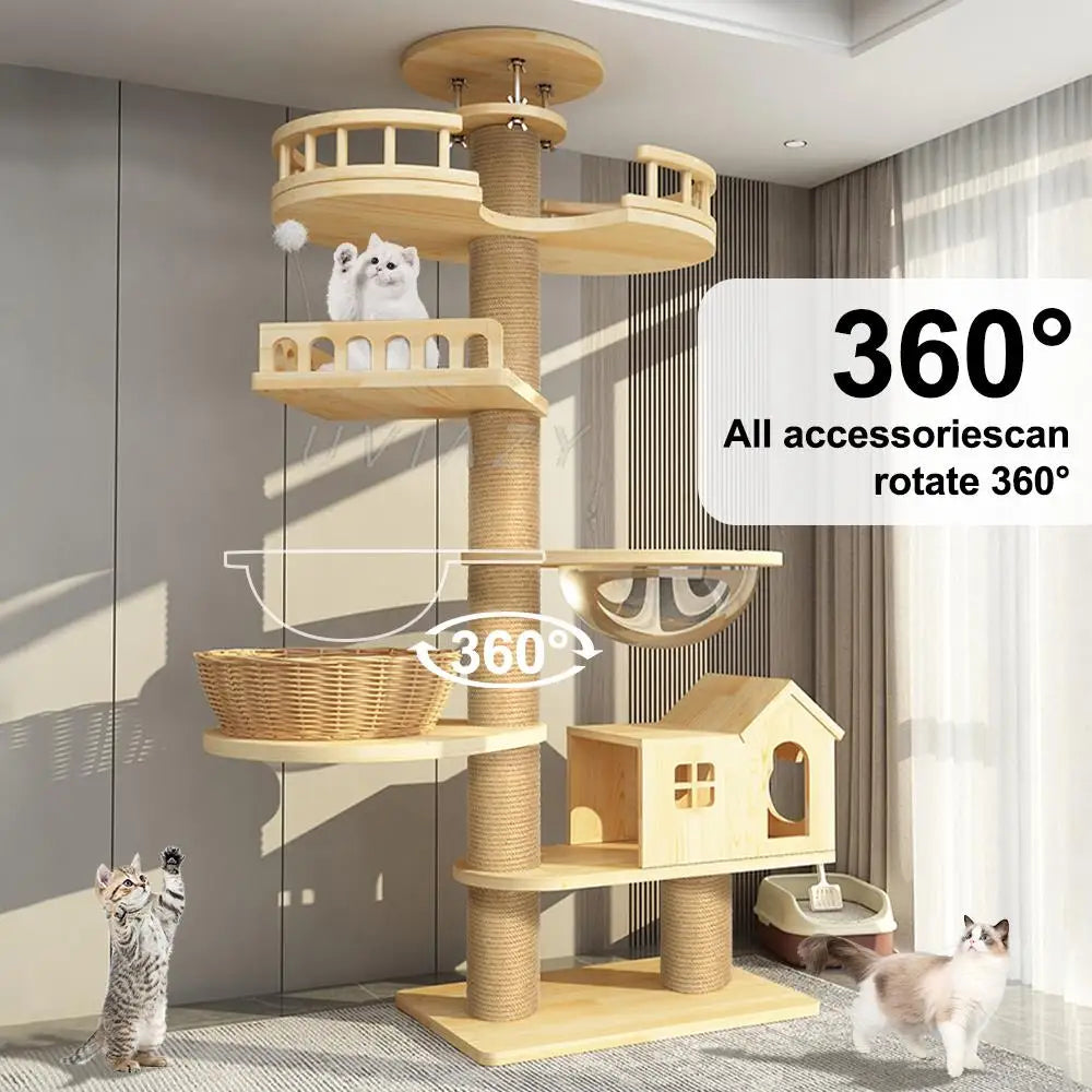 Multi-Level Ceiling Cat Tree Shelf  Wood Climbing Frame Scratching Post