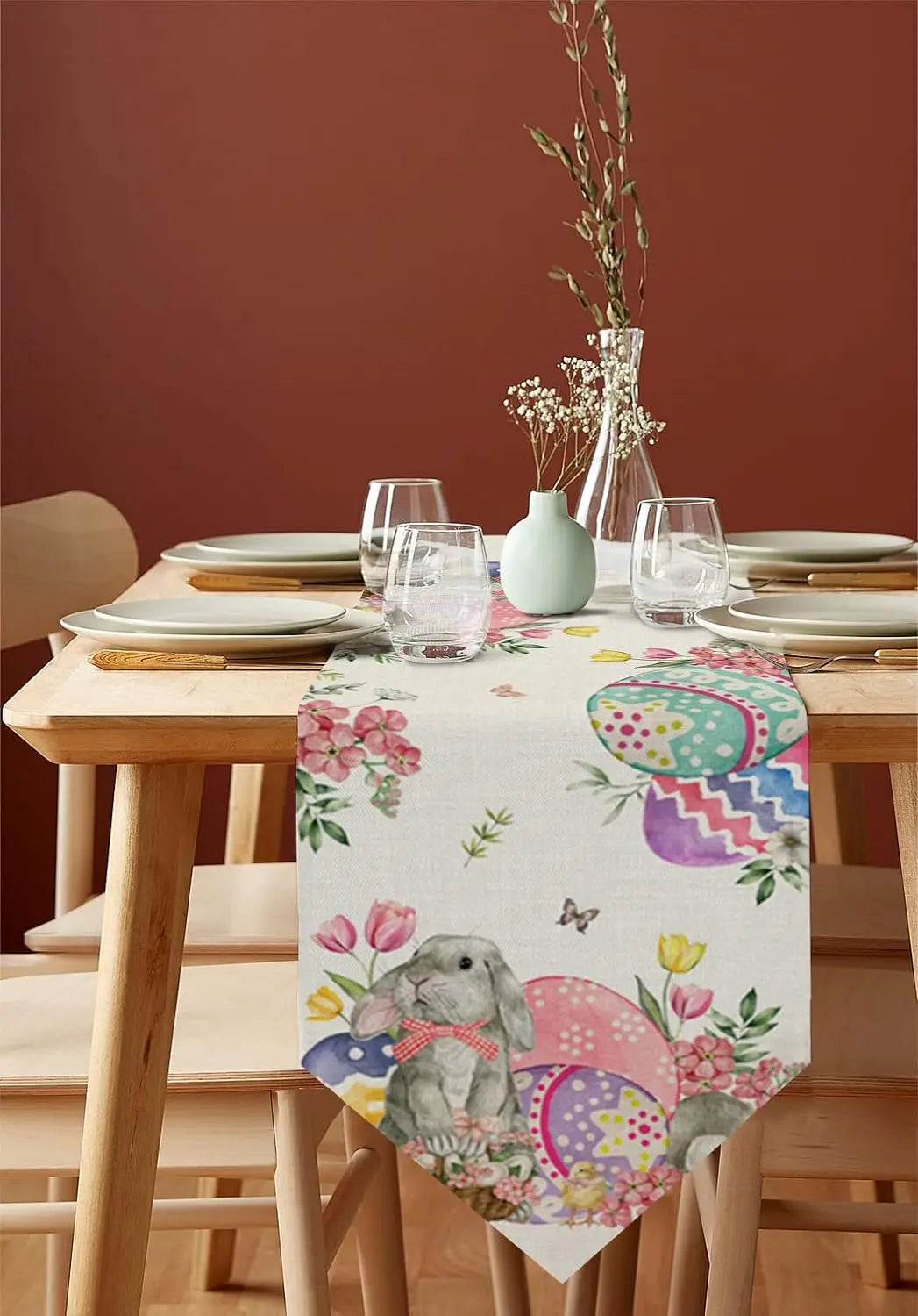 Bunny Eggs Flower Tulip Easter Linen Table Runner