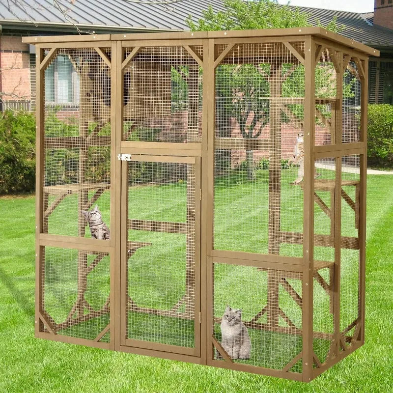 Large Fir Wooden Outdoor Indoor Catio Cat Enclosure with Weather Protection Roof with Cattery and 5 Platforms