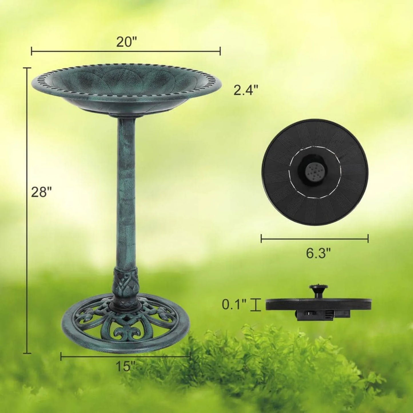 US 28 in. Antique Green Bird Bath with Solar Fountain Resin Pedestal Birdbath