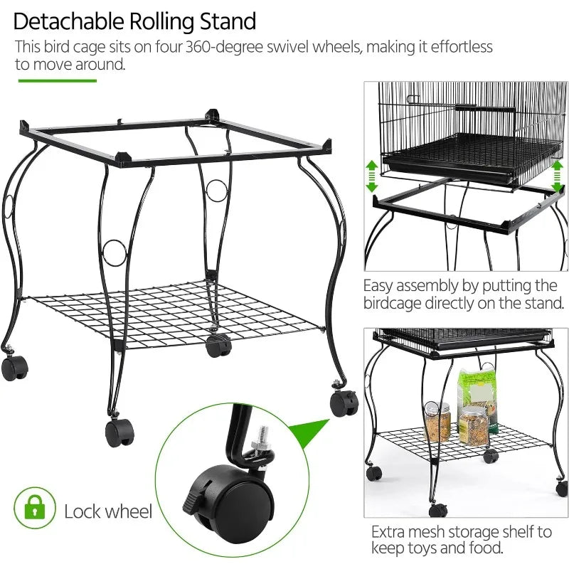 57-Inch Rolling Open Top Roof Bird Cage for Mid-Sized Parrots and Cockatiels