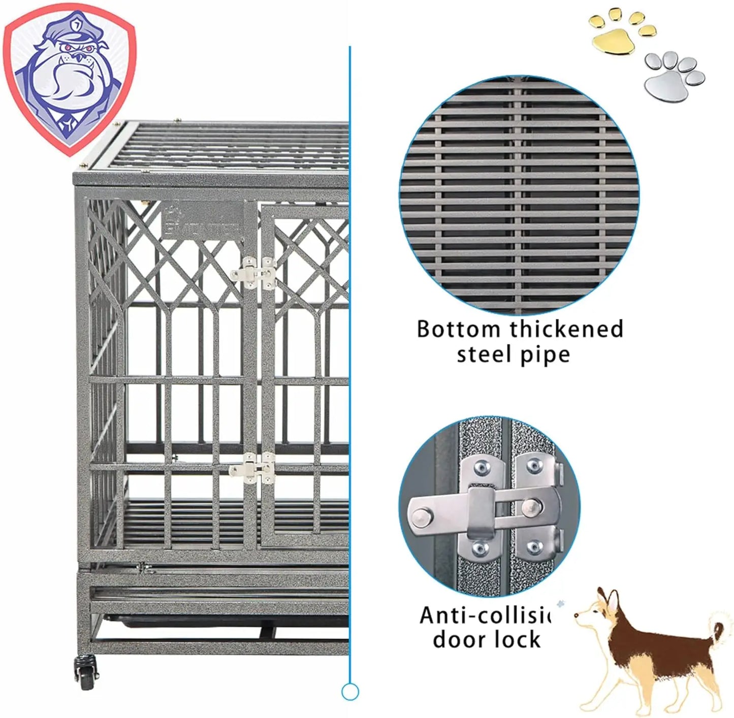 Heavy Duty Dog Cage for Large Dogs with Three Doors, Four Wheels,38 Inch