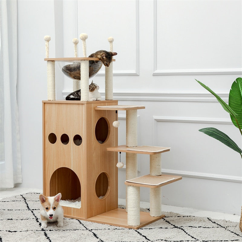 Pet Cat Tree House Tower Condo Wood Cat Scratching Sisal-Covered Scratch Posts