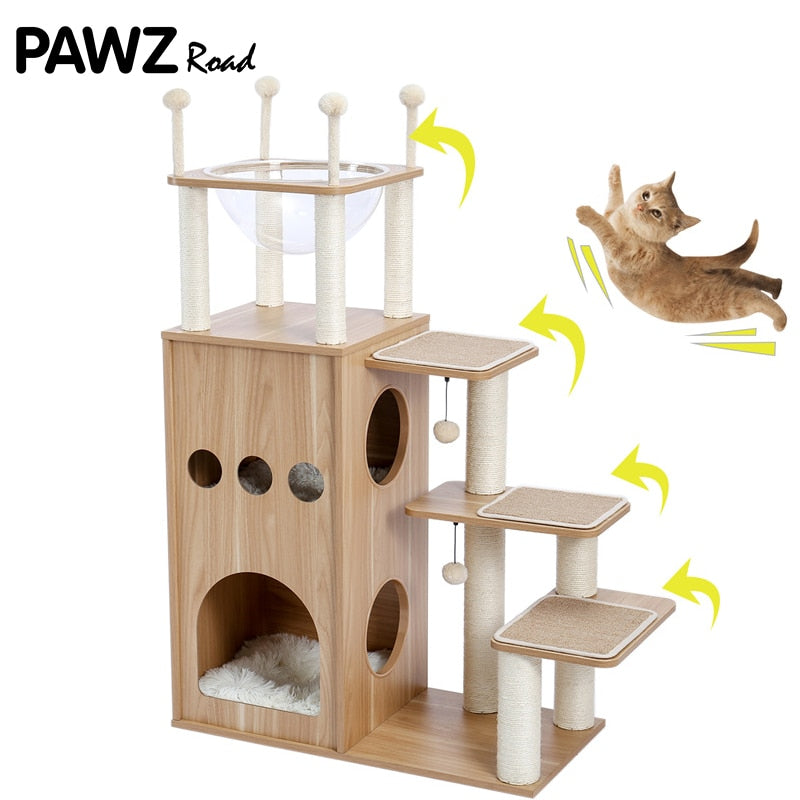 Pet Cat Tree House Tower Condo Wood Cat Scratching Sisal-Covered Scratch Posts