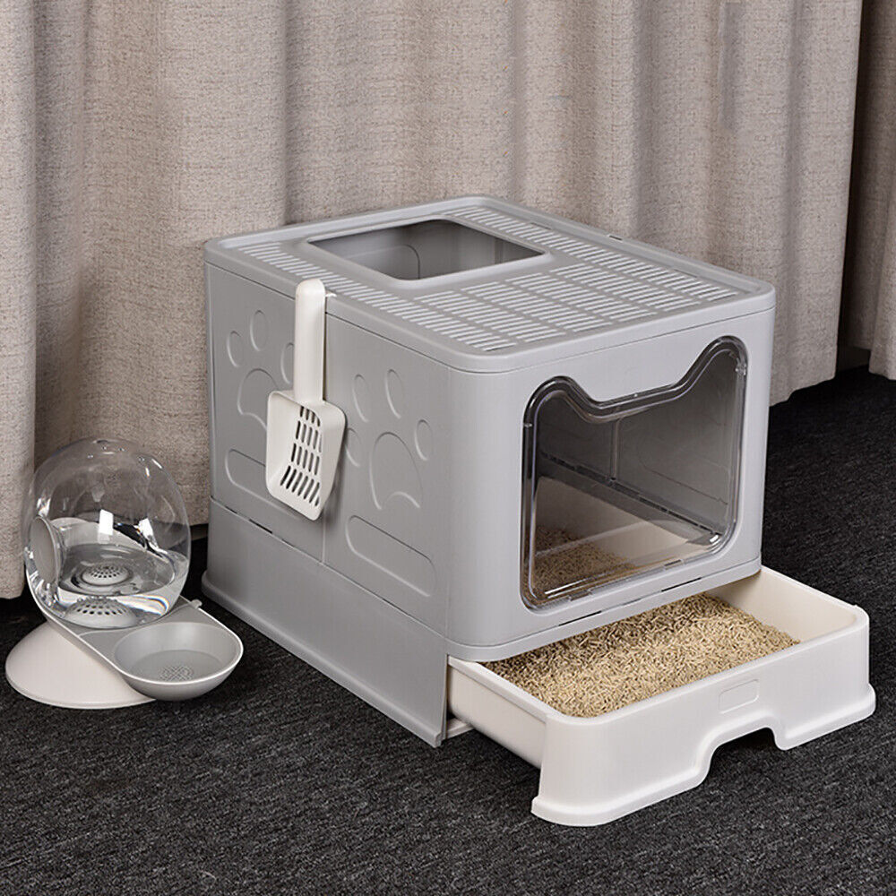 XXL Large Space Foldable Cat Litter Box with Front Entry & Top Exit with Tray