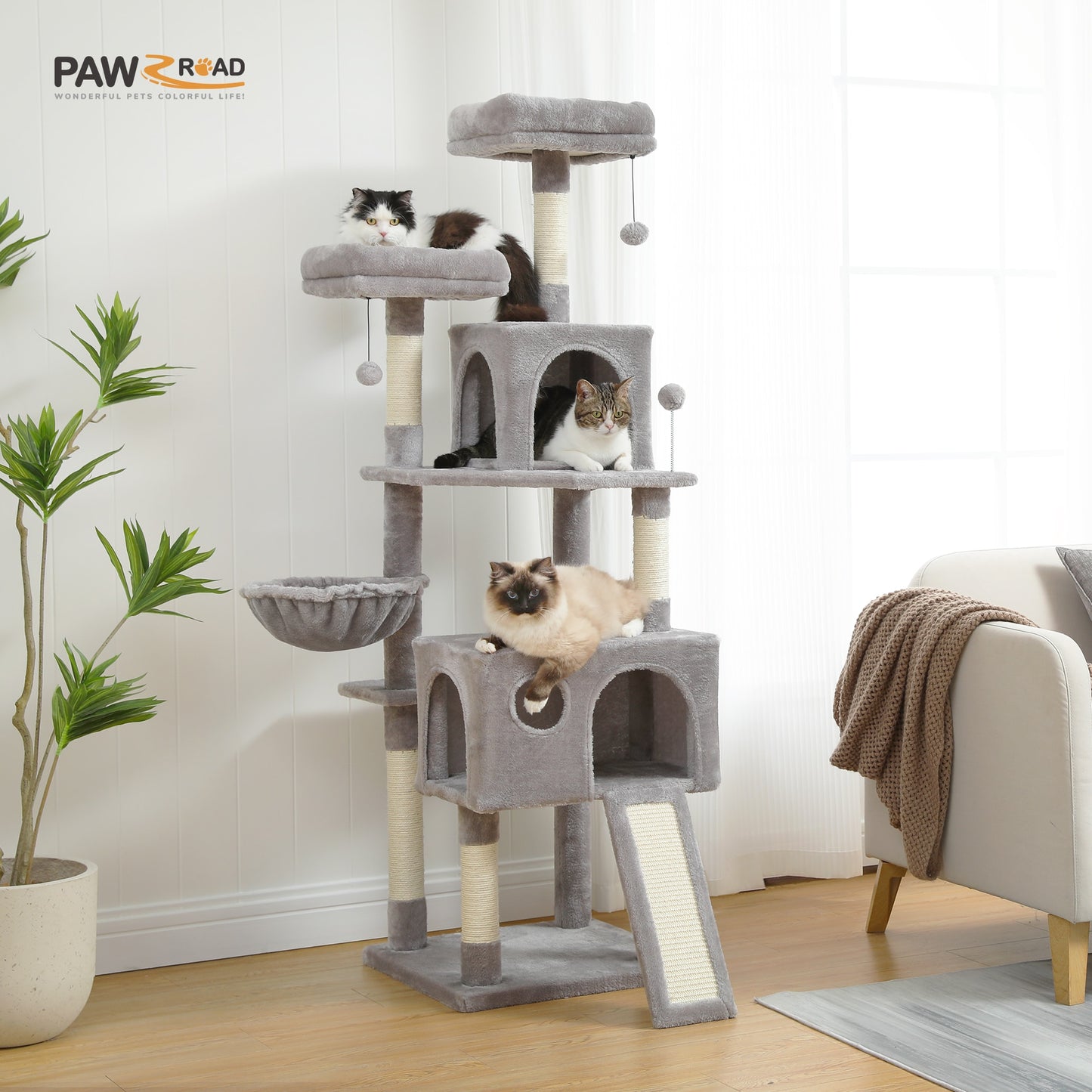 Tree With Cozy Perches Stable Cat Climbing Frame Cat Scratch Board Toys Gray&Beige